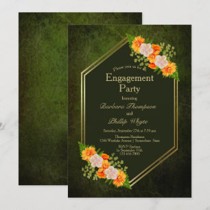Invitation Orange Floral Gold Bordure Green Engagement Party