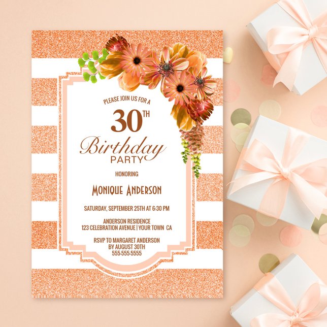 Invitation Orange Floral rayé 30e fête d'anniversaire (Créateur téléchargé)