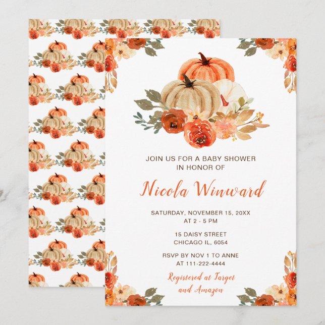 Invitation Orange Floral Rustique Baby shower Citrouille (Devant / Derrière)