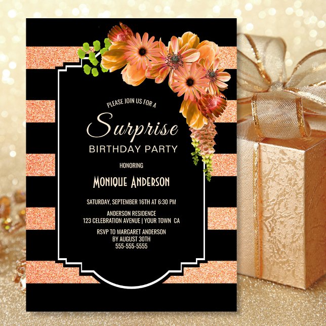 Invitation Orange Floral Surprise fête d'anniversaire (Créateur téléchargé)