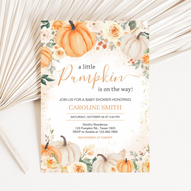 Invitation Orange Floral Verdure Petit Baby shower Citrouille (Greenery Floral Pumpkin Invitation
)