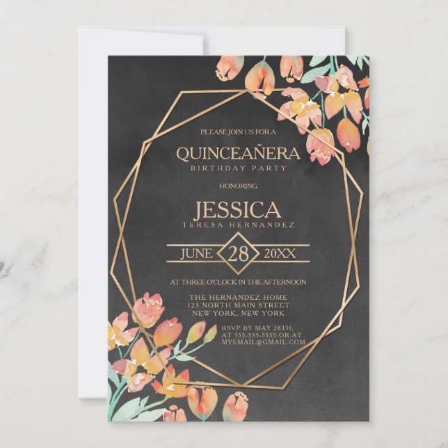 Invitation Orange Gold Black Floral Terrarium Quinceañera (Devant)