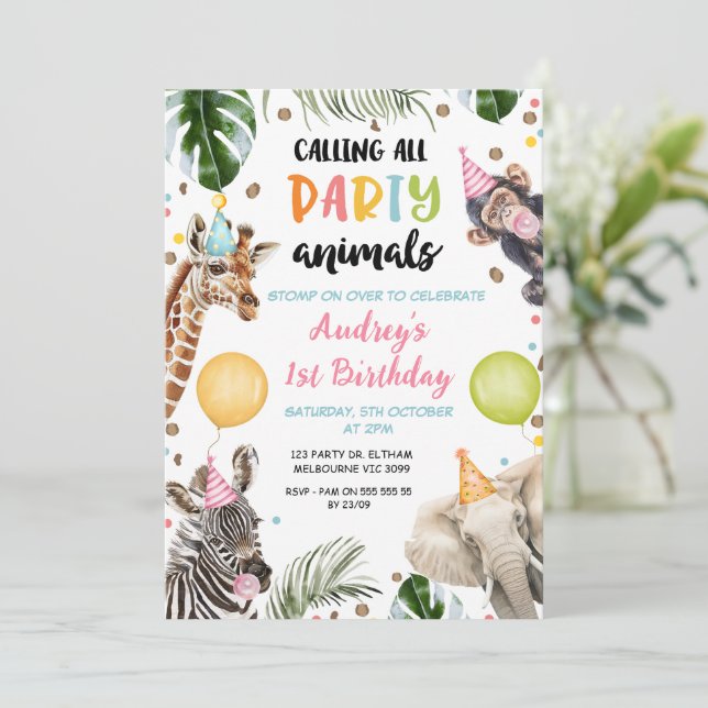 Invitation Orange Green Ballons Safari Party Animaux Annivers (Debout devant)