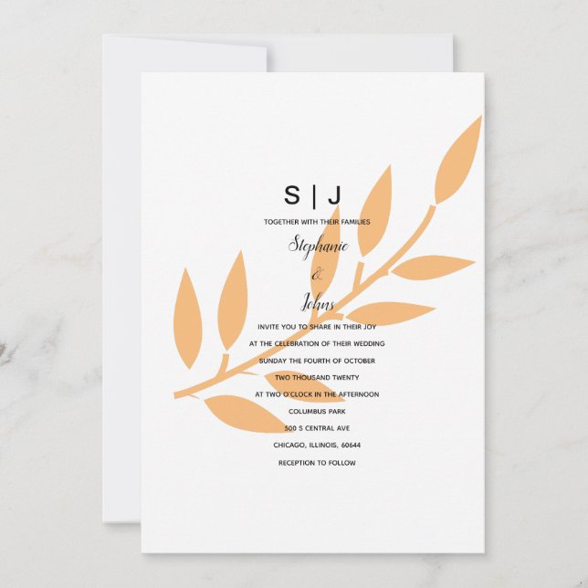 Invitation Orange Leaf Monogram Nature Minimal Mariage 2024 (Devant)