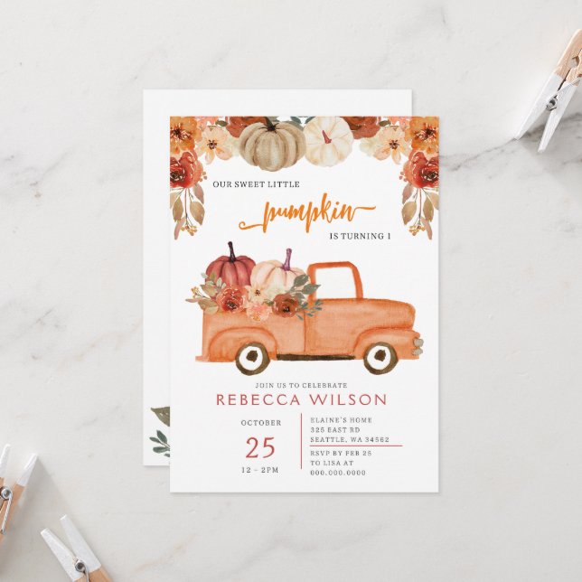 Invitation Orange Little Citrouille Premier anniversaire (Devant/Arrière en situation)