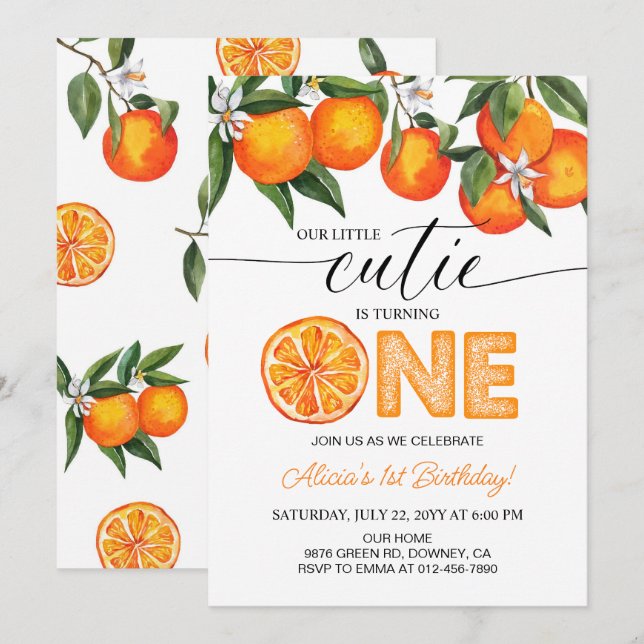 Invitation Orange Little Cutie Citrus 1er anniversaire (Devant / Derrière)