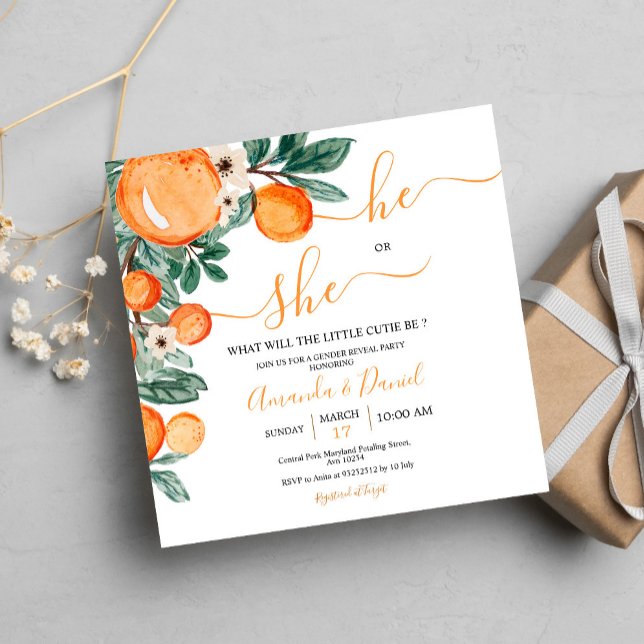 Invitation Orange Little Cutie Lui ou elle Genre Reveillez (Créateur téléchargé)