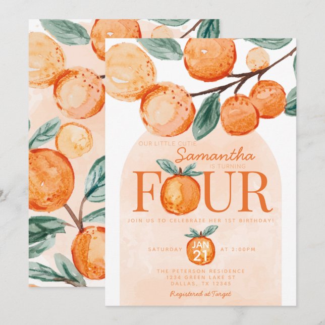 Invitation Orange Little Cutie QUATRE fête d'anniversaire (Devant / Derrière)