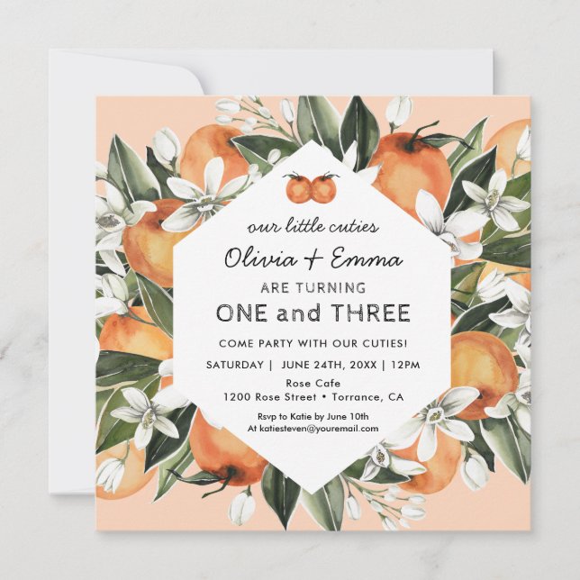 Invitation Orange Little Cuties Twins Anniversaire (Devant)