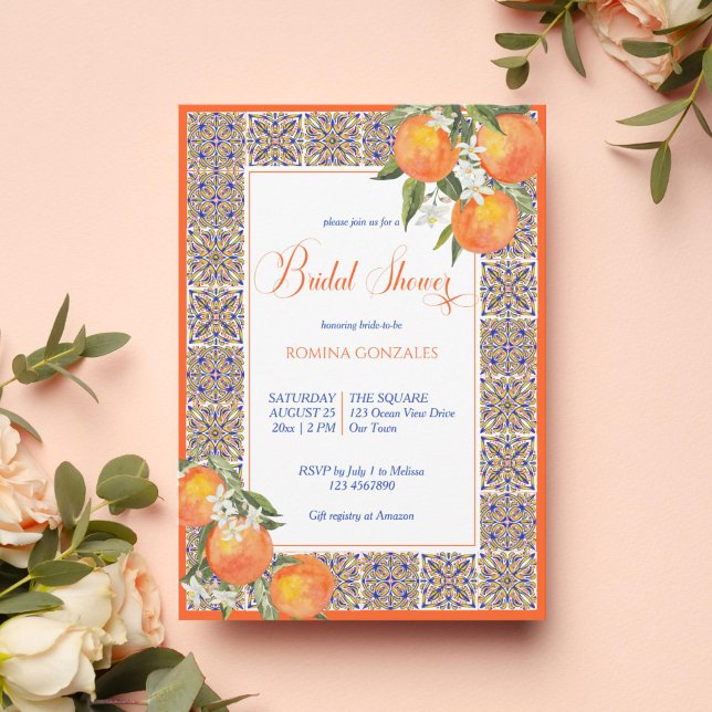 Invitation Orange majolica Méditerranée tuiles nuptiale douch (Créateur téléchargé)