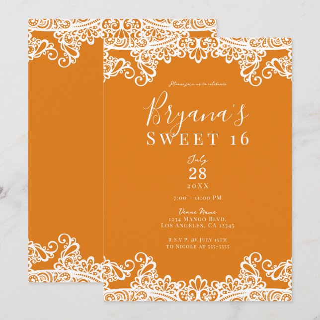 Invitation Orange Mango Blanche dentelle Élégante Sweet 16 Pa (Devant / Derrière)