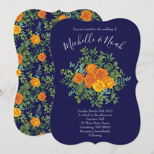 Invitation Orange & Marine Blue Peony & Rose Floral Mariage (Devant / Derrière)