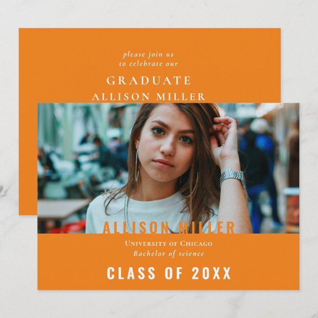 Invitation Orange Modern Typography Photo Graduation Party (Devant / Derrière)