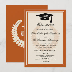 Invitation Orange Monogram Laurel Classic College Graduation