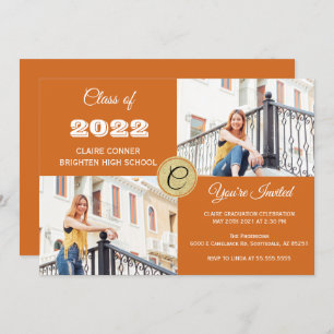 Invitation Orange Monogramme Photo Graduation