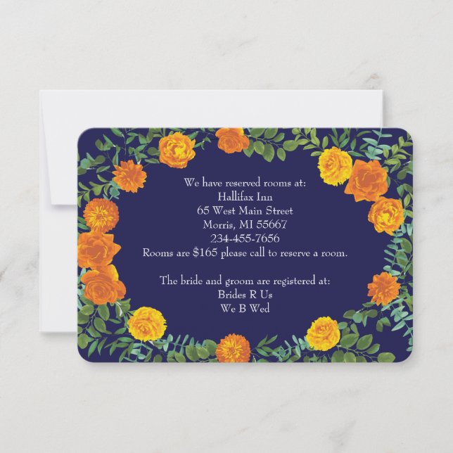 Invitation Orange & Navy Blue Peony Informations Rose (Devant)