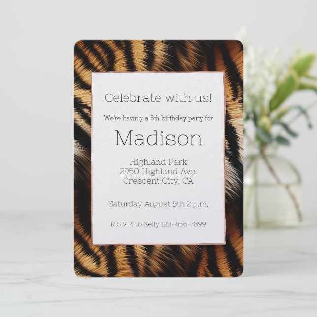 Invitation Orange noir Tigre rayures animal Anniversaire (Debout devant)