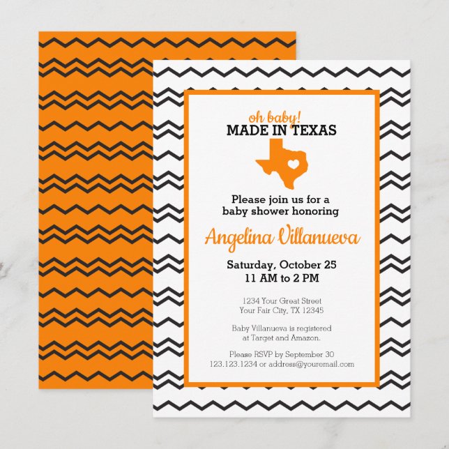 Invitation Orange Oh Baby ! Chevron Fabriqué au Texas Douche (Devant / Derrière)