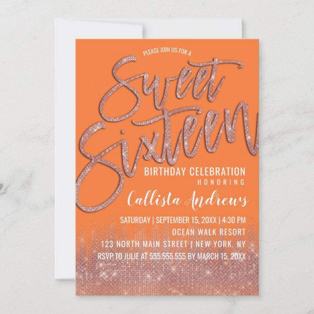 Invitation Orange Peel Rose Parties scintillant or Typographi (Devant)