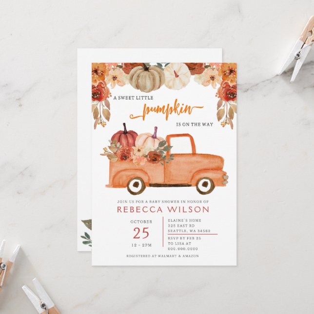 Invitation Orange Petit Citrouille Baby shower neutre pour le (Devant/Arrière en situation)