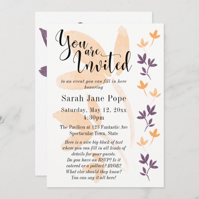 Invitation Orange & Plum Feuilles Jolie Typographie Invitatio (Devant / Derrière)