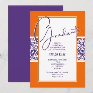 Invitation Orange Purple Damask Graduation