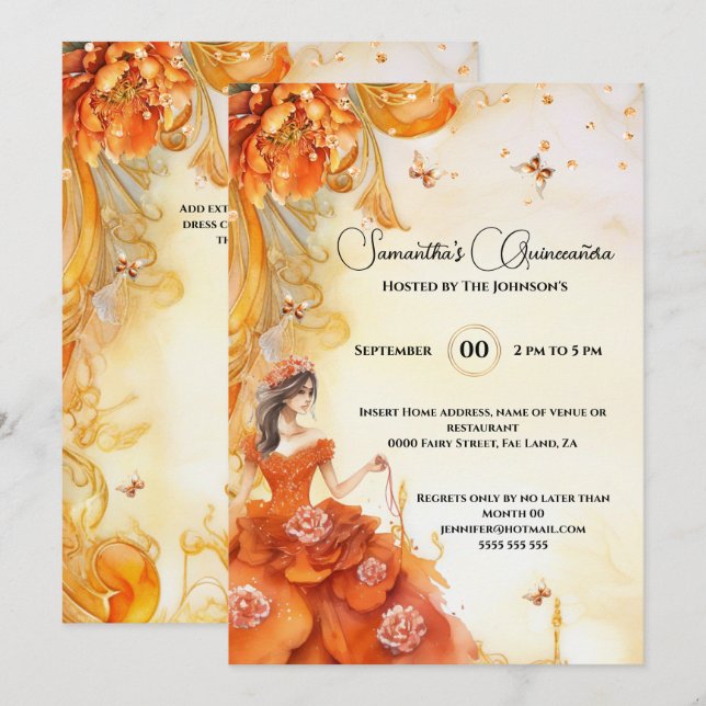 Invitation Orange Quinceañera peony fleurs de lune élégante (Devant / Derrière)