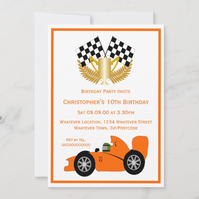Invitation Orange Racing Car Anniversaire (Devant)