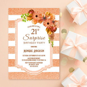 Invitation Orange rayé Floral Surprise 21e fête d'anniversair