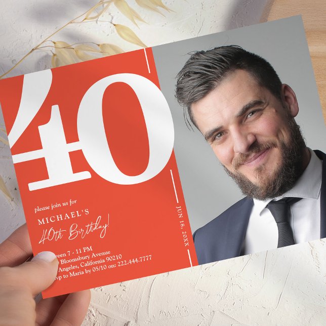 Invitation Orange Red Photo 40th Birthday Party (Créateur téléchargé)