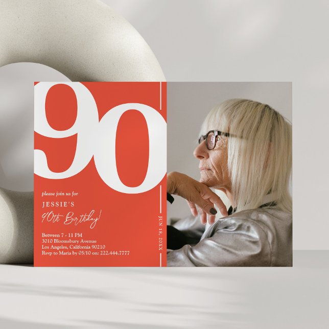Invitation Orange Red Photo 90th Birthday Party (Créateur téléchargé)