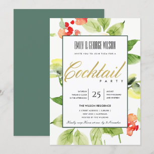 INVITATION ORANGE RED ROSE WATERCOLOR FLORAL COCKTAIL PARTI