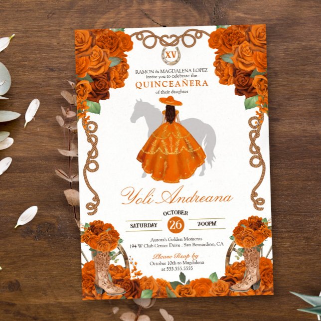 Invitation Orange Rose Floral Ouest Charro Quinceanera (Créateur téléchargé)