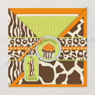 Invitation Orange Safari et Cupcake Premier anniversaire