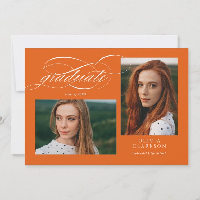 Invitation Orange Script QR Code 3 Photo Graduation Party (Devant)