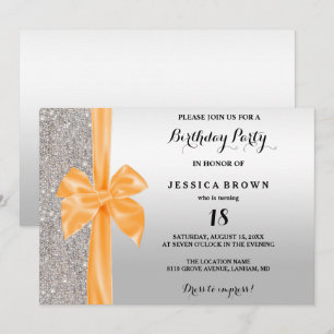 Invitation Orange Soie Bow Séquins d'argent 18e anniversaire