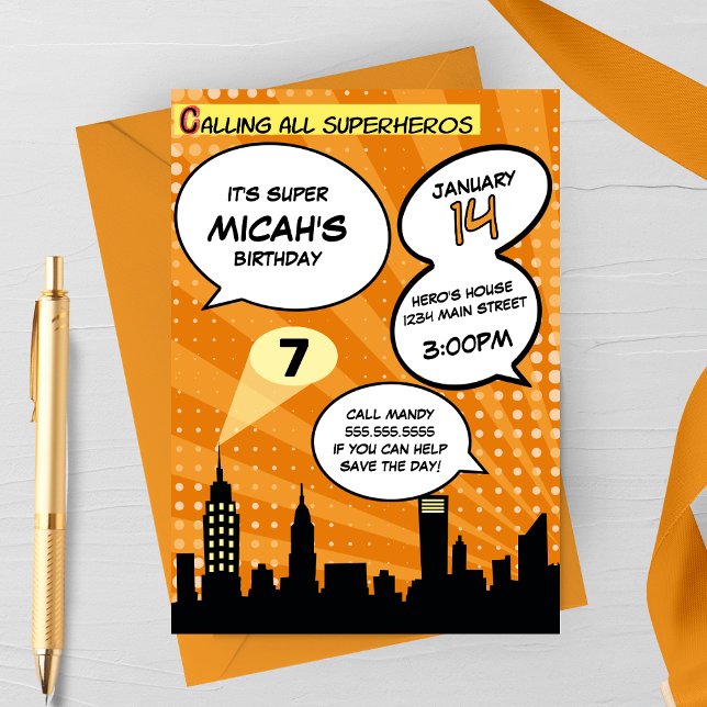 Invitation Orange Superheros Comédie Livre Styled Anniversair (Créateur téléchargé)