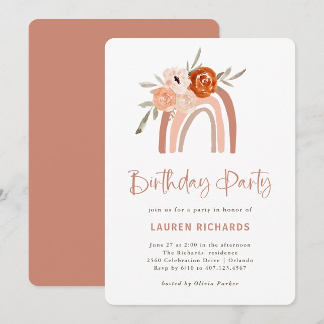 Invitation Orange Terracotta Boho | Rainbow Birthday Party (Devant / Derrière)