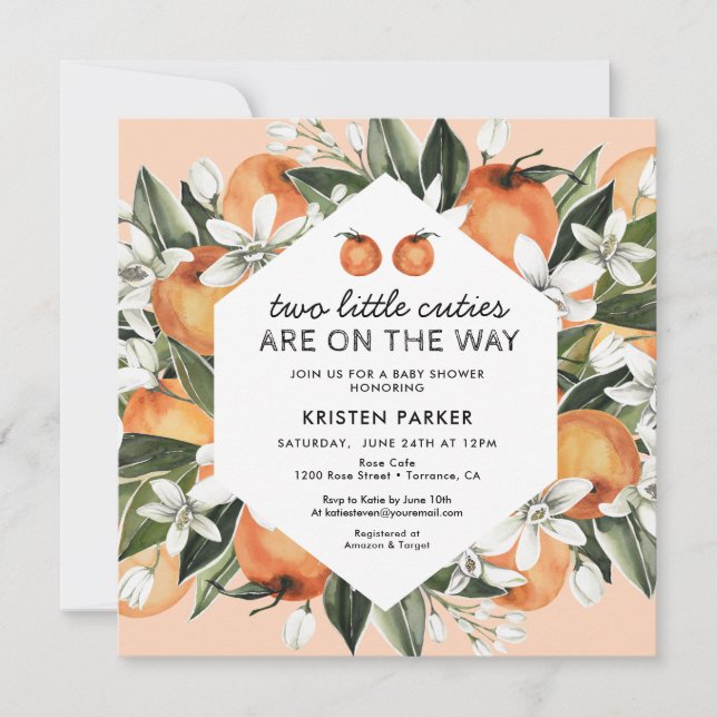 Invitation Orange Thème Deux Petits Cuties Twin Baby shower (Devant)
