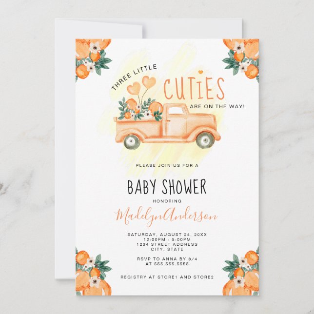 Invitation Orange Trois Petites Cuties Triplets Baby shower (Devant)
