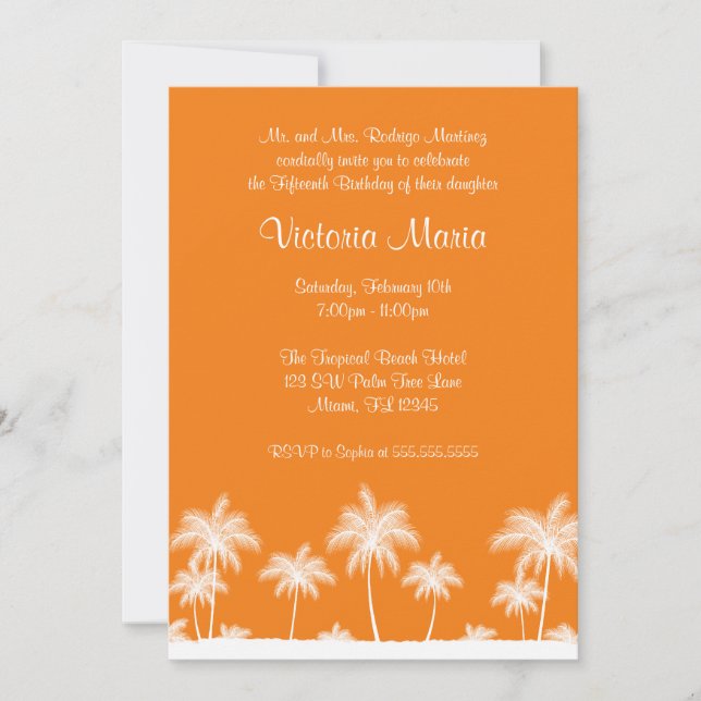Invitation Orange Tropical Beach Palm Tree Quinceanera Party (Devant)