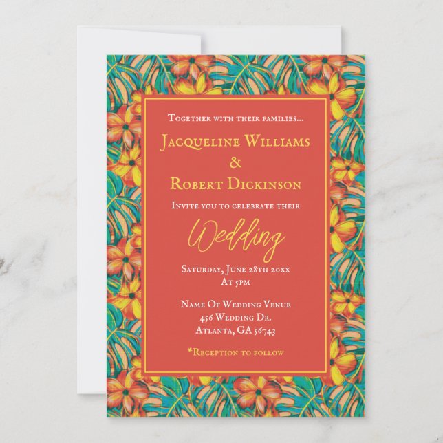 Invitation Orange tropicale et Mariage floral vert (Devant)