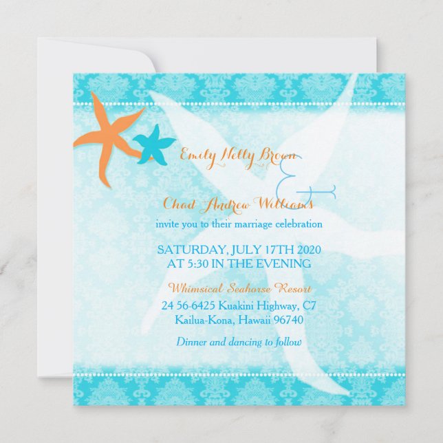 Invitation Orange Turquoise Blue Starfish Mariage plage Pair (Devant)
