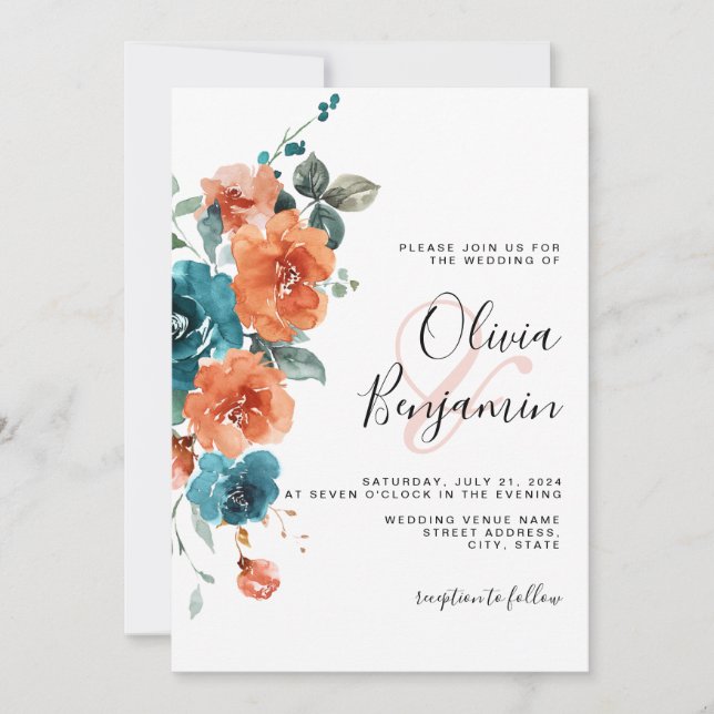Invitation Orange Turquoise Floral Brûlé Élégant Mariage rust (Devant)