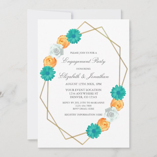 Invitation Orange Turquoise Floral Géométrique (Devant)