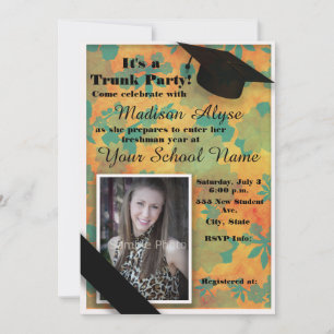 Invitation Orange Turquoise Floral Trunk College Party Photo