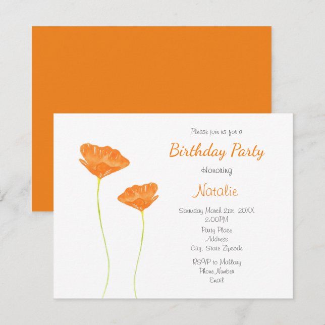 Invitation Orange Watercolor California Poppies (Devant / Derrière)