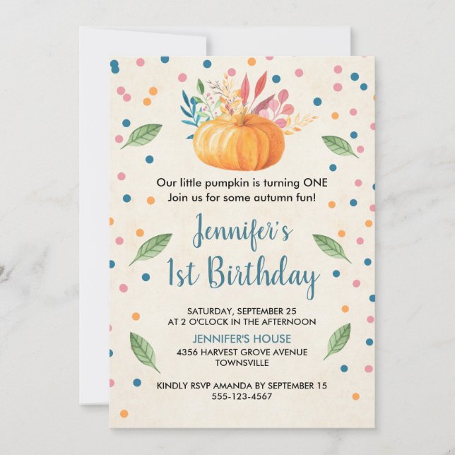 Invitation Orange Watercolor Citrouille Anniversaire (Devant)