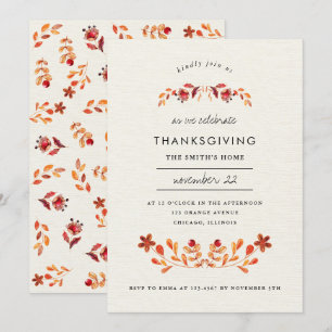 Invitation Orange Watercolor Floral Thanksgiving Party
