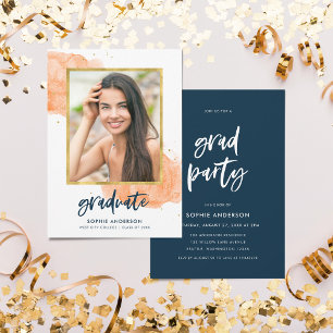 Invitation Orange Watercolor Gold Photo Graduate Party